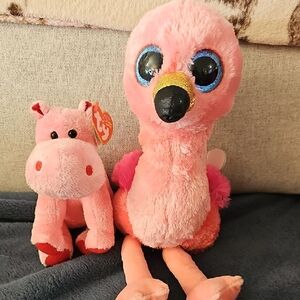 Ty Pink Flamingo and Hippo Plush Set
